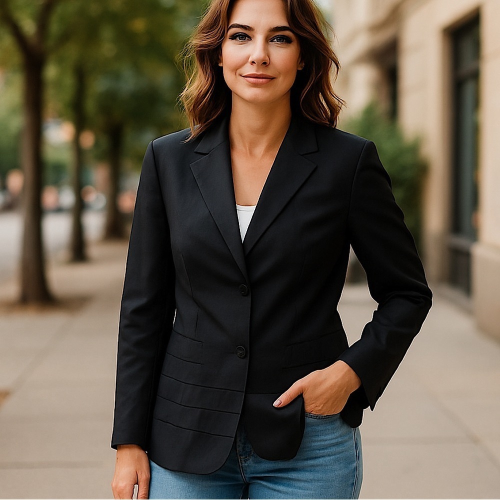 Marlowe Women's‎ V-Neck Italian 100% Wool Blazer Jacket, Dark Gray, Size 42/8/S